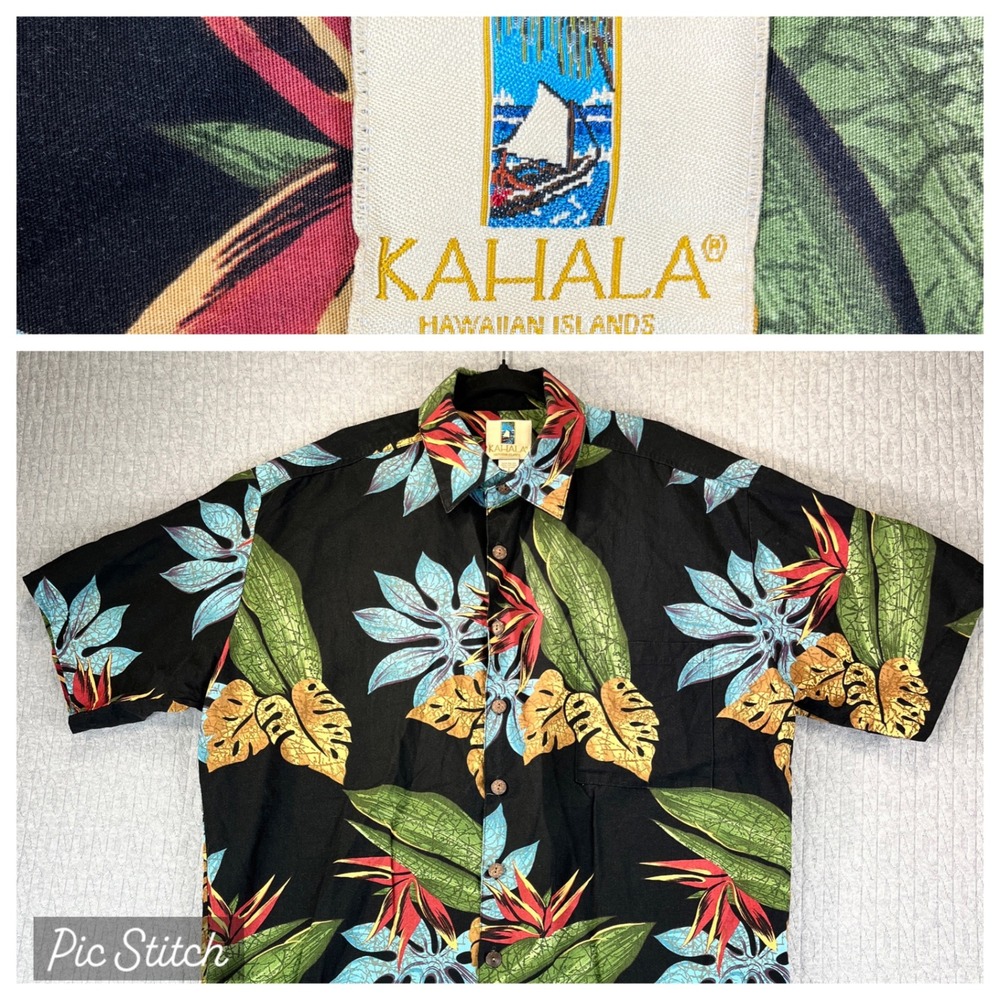 Kahala Hawaiian Islands Black Floral Bird of‎ Paradise Shirt Men L Button Up